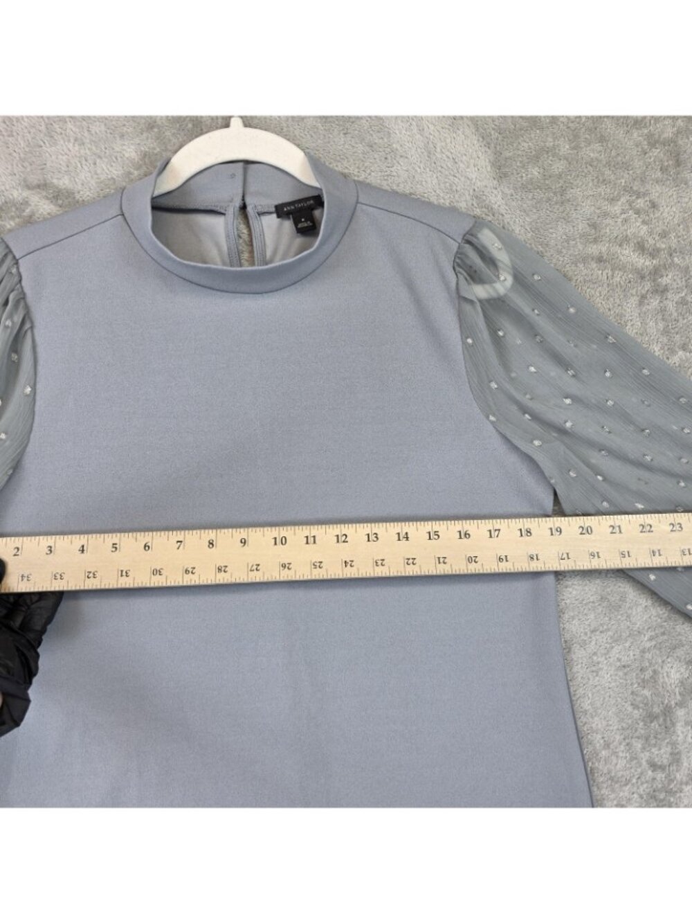 Ann Taylor Blouse Womens M Gray Mock Neck Long Balloon Sleeve Sheer Dot Top - Picture 8 of 11
